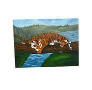 Oil painting of a resting tiger watching a bee while lying on a log over a stream — by Hope Blakely.