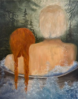 Painting by Hope Blakely from a 2025 gathering with MaryCarole Larson, showing Hope and her husband Howie from behind while sitting together in a bathtub, adapted from an original girl-and-puppy design.