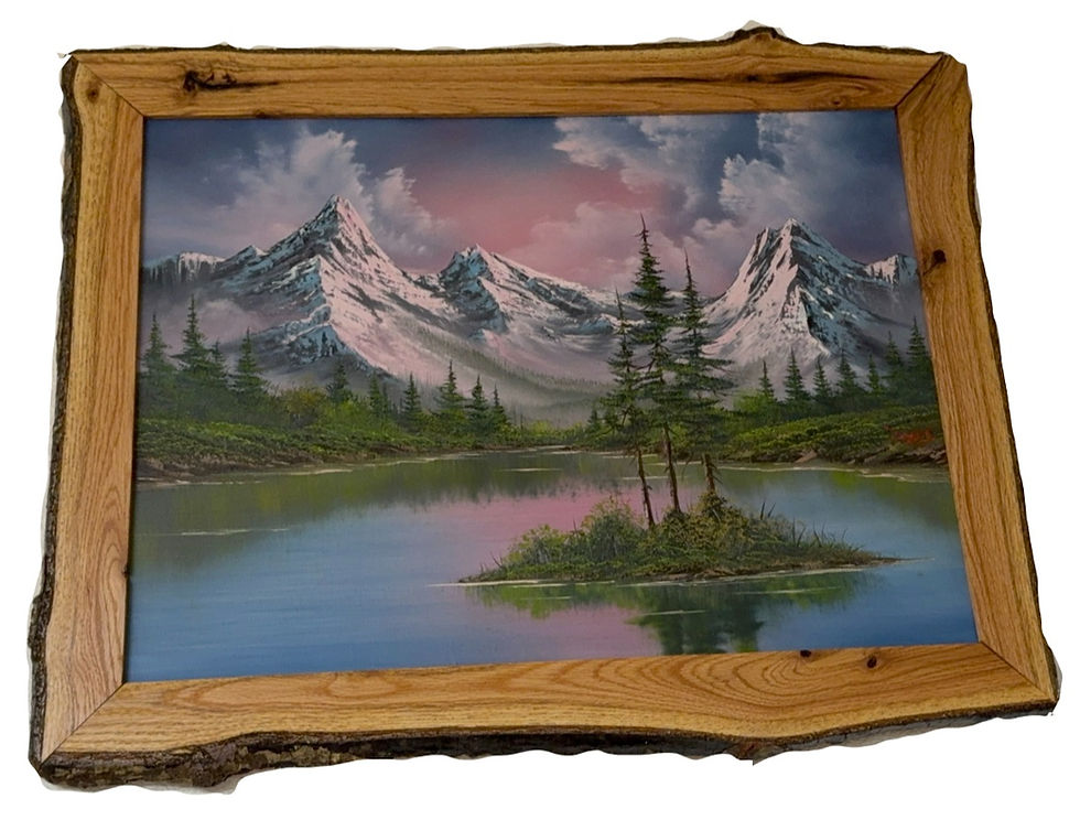 Thumbnail: Steve Ross Island oil original painting for sale, Mountains, trees and and island out front.