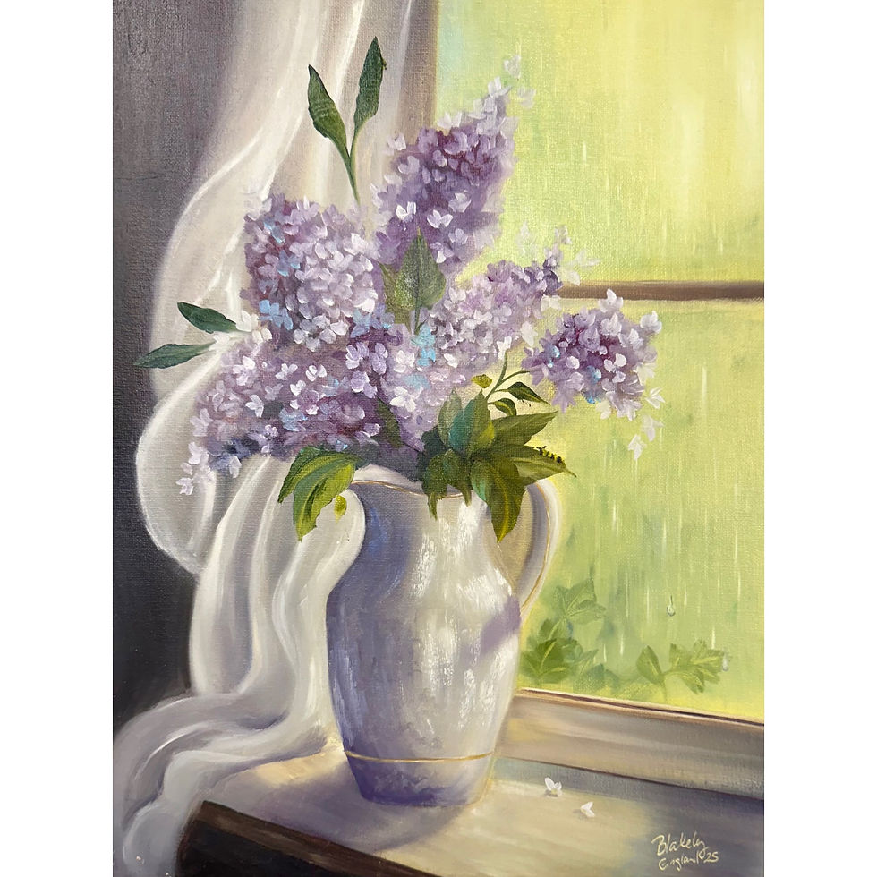 Oil painting of lilacs in a white pitcher on a windowsill, with soft morning light and sheer curtains
