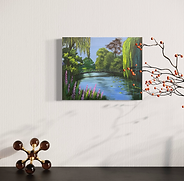 Unframed acrylic painting of a tranquil pond and willow trees in an English setting.