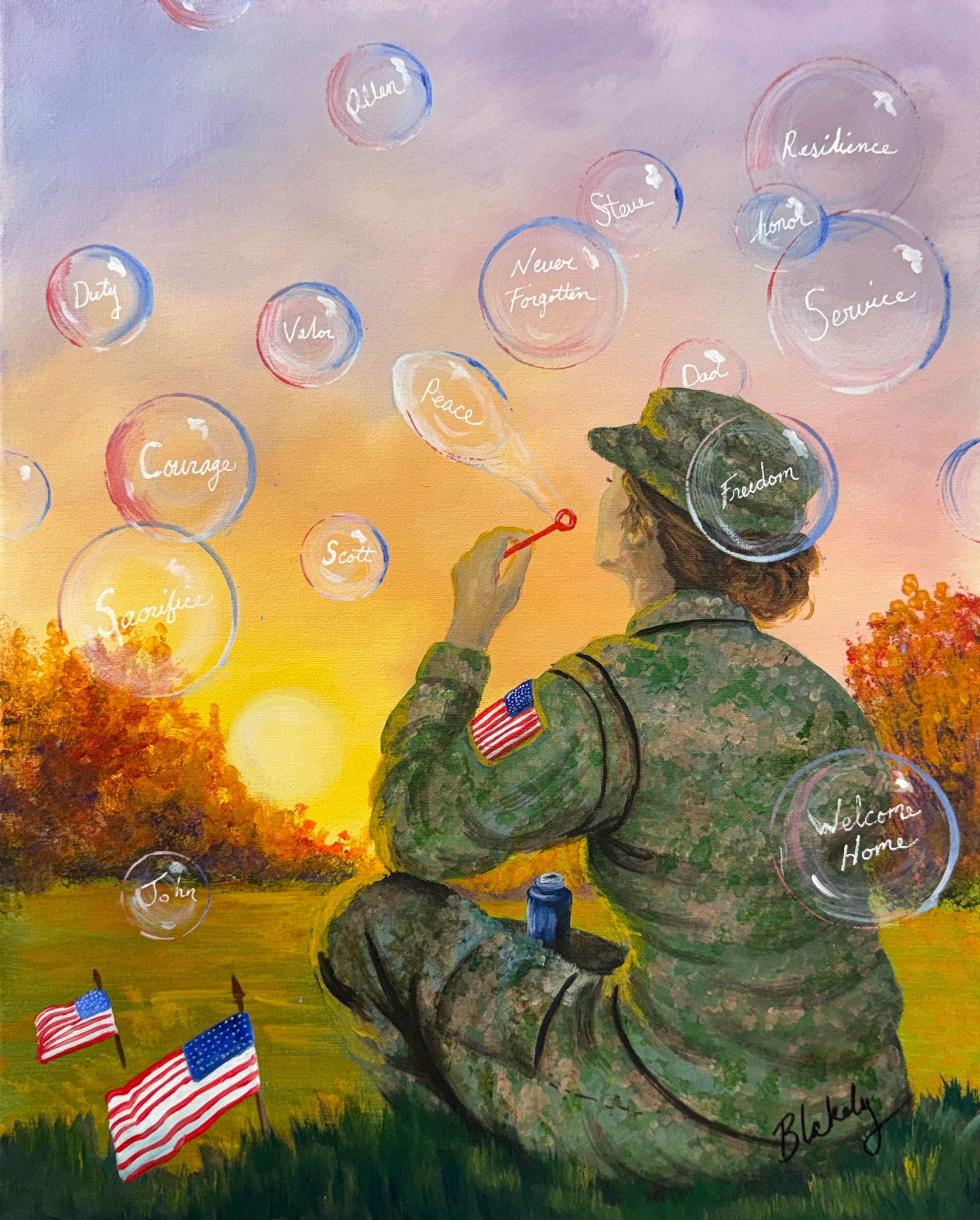 The Weight of Freedom acrylic painting showing a seated U.S. service member at sunset blowing red, white, and blue tribute bubbles above American flags and autumn trees.