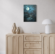 Mystical moonlit forest with a luminous sky, soft waterfalls, and rippling water in deep blue hues.