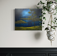 A serene Bob Ross-style painting of a blue woodland clearing, accented with soft light and solitude