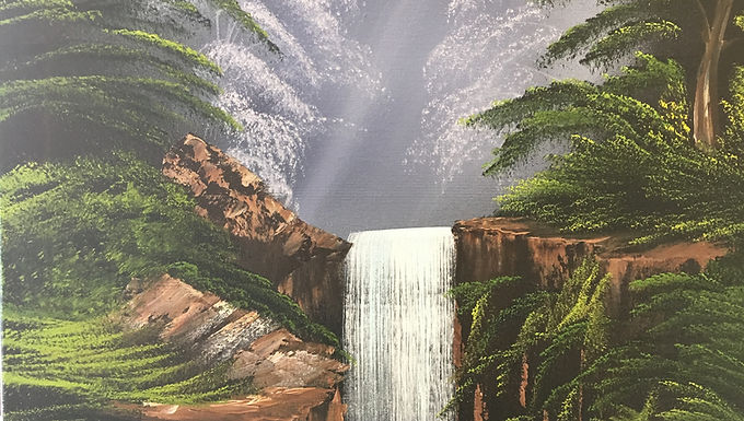 Bob Ross style waterfall landscape painting with misty trees and rocky cliffs in a forest setting