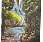An unframed landscape painting depicting a dramatic forest waterfall with blue-tinted water, earthy rocks, and a natural wood bridge at mid-level.