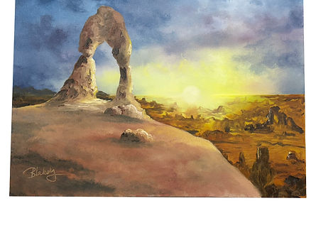 Oil painting of a desert arch glowing under golden sunset light with dramatic skies.