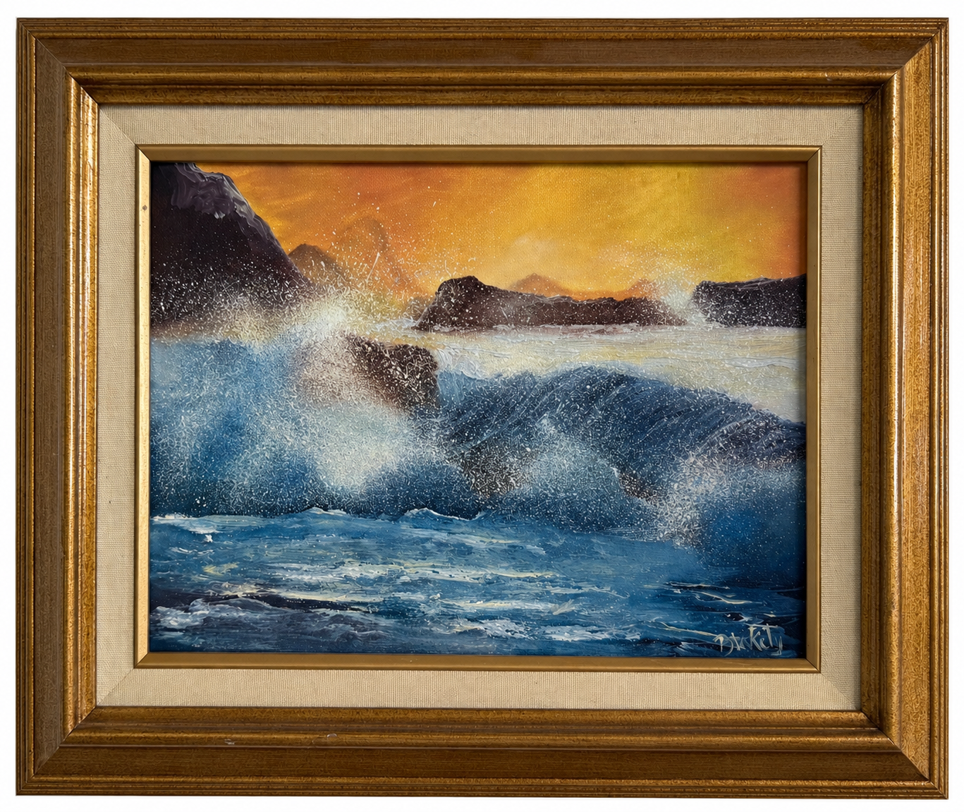 Original oil painting Arise by Hope Blakely, showing a powerful blue ocean wave crashing over dark coastal rocks beneath a glowing golden sunset.
