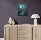 Tranquil nighttime landscape showing a glowing full moon above misty waterfalls and shadowed trees.