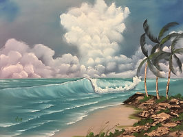 Bob Ross–style seascape with palm trees painted by Hope Blakely during 2017 training with Doug Halgren, one of the projects that helped make seascape painting feel approachable and fun.