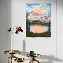 Tranquil Peach Mountain oil painting for sale. A soft peach glows in the sky above the distant mountain and into the lake bel