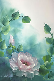 Small floral demonstration painting by Doug Halgren created for make-it-take-it style classes, showing the soft flowers Hope admired in his teaching.