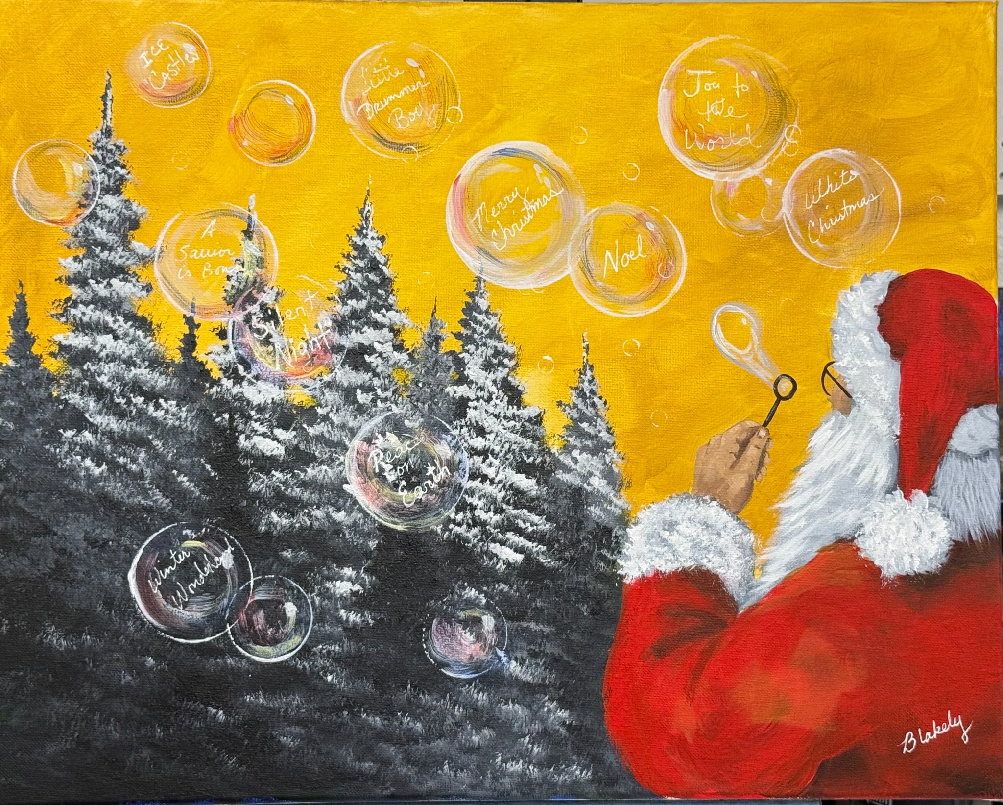 Christmas in the Air acrylic painting with Santa, snow-covered evergreens, and personalized glowing Christmas wish bubbles.