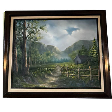 Hope, landscape Oil painting for sale, Distant rolling hills, rustic cabin, pathway into mist, a fence, and trees
