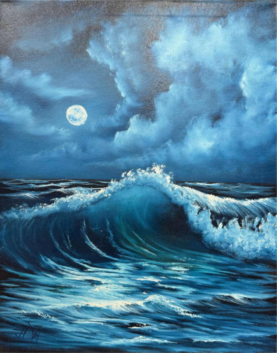 Blue Moon original painting by Hope Blakely, straight-on presentation against a neutral tan background.