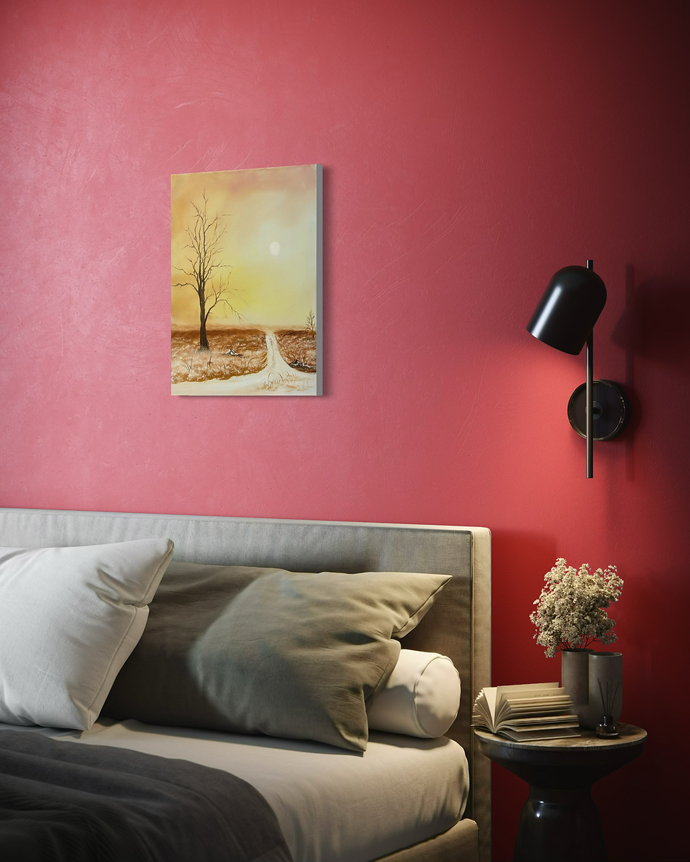 Bob Ross style landscape painting of a snowy path through golden winter fields with a bare tree and glowing sky