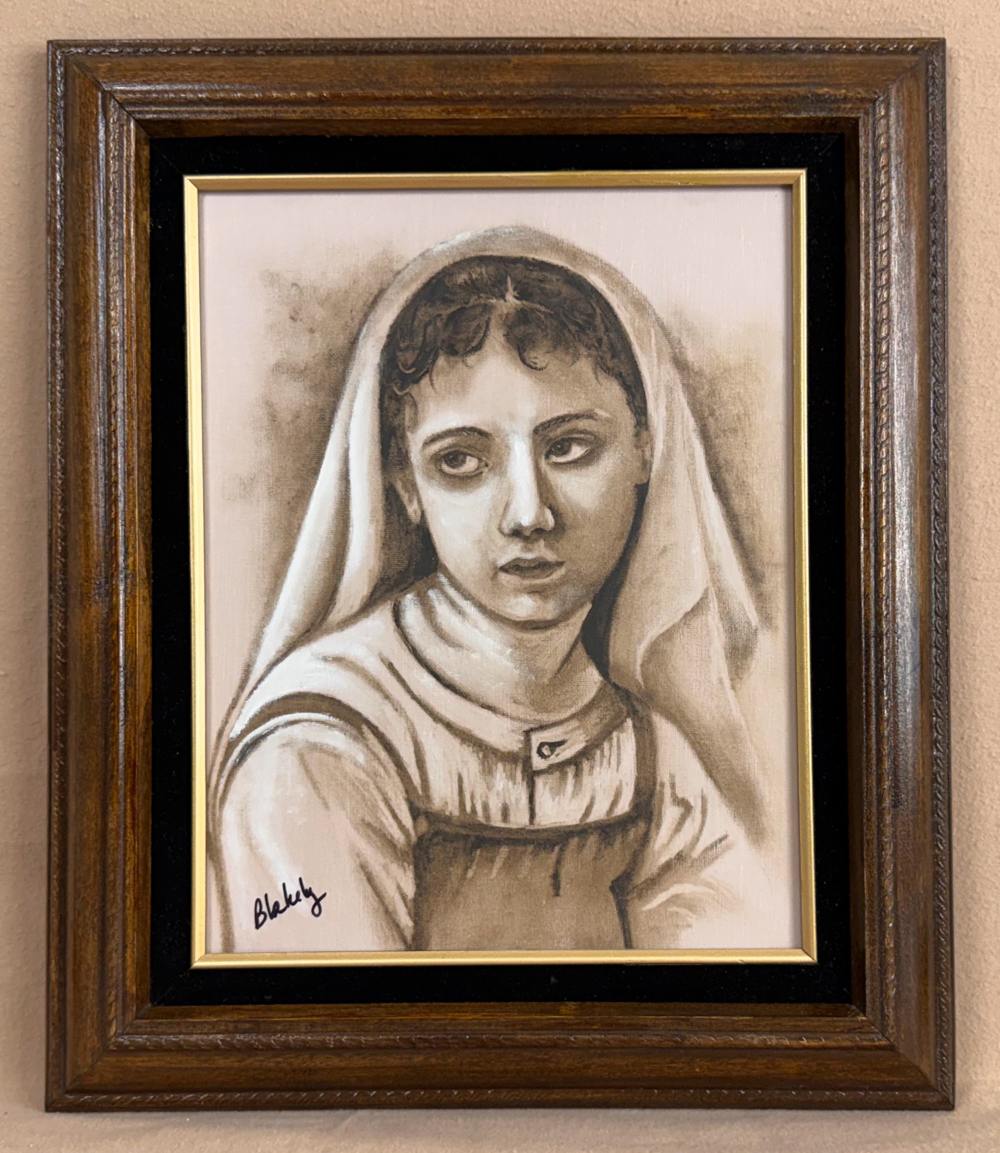 Bouguereau Girl, framed sepia oil portrait study after William-Adolphe Bouguereau, painted by Hope Blakely in 2024.