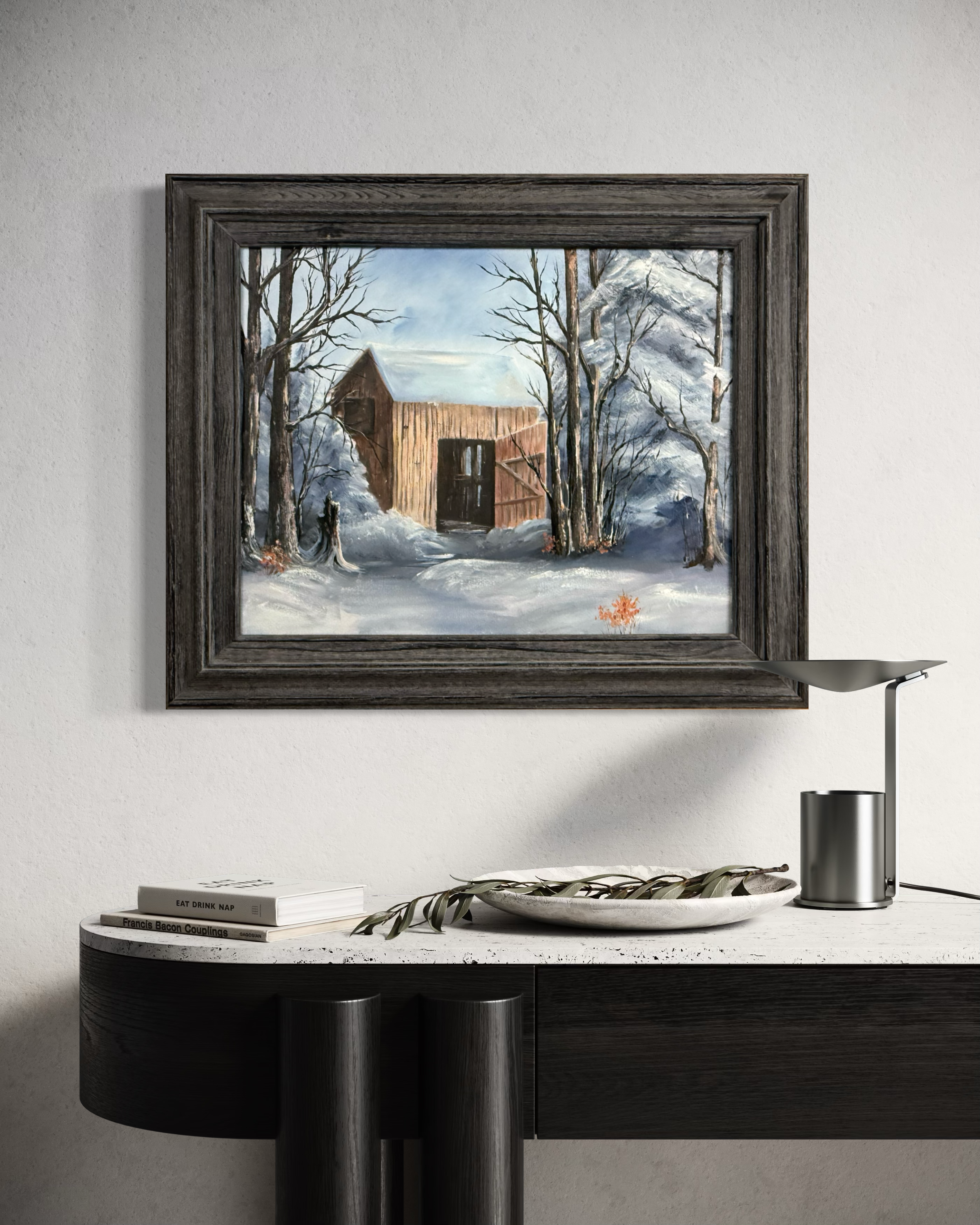Side view of the framed original oil painting Empty by Hope Blakely