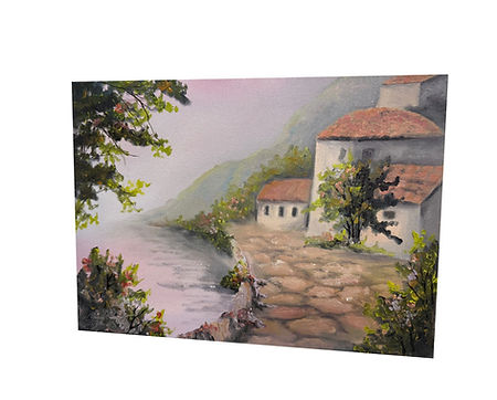 Oil painting of an Italian villa and garden path in lavender tones, based on a Kevin Hill design, painted by Hope Blakely.