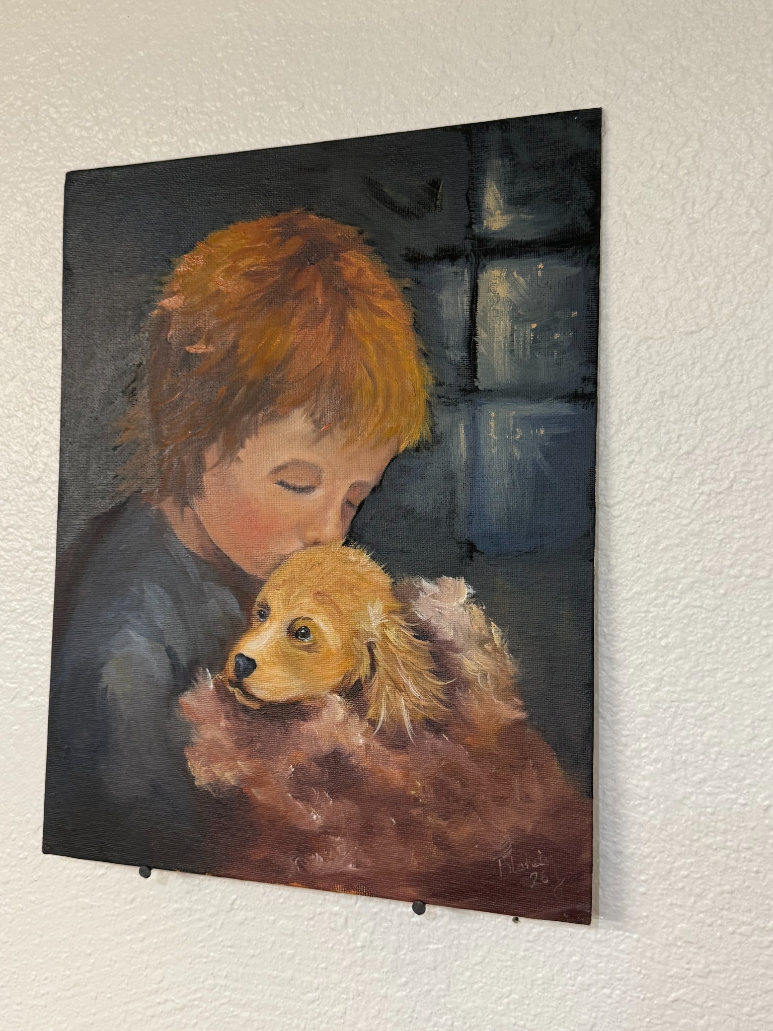 Child and golden puppy in Held with Love, painted by Hope Blakely in August 2026.