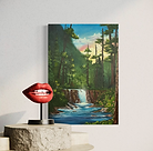 18×24 oil painting showing a glowing sky above towering trees, a rocky waterfall, and peaceful mountain water inspired by Cades Cove.