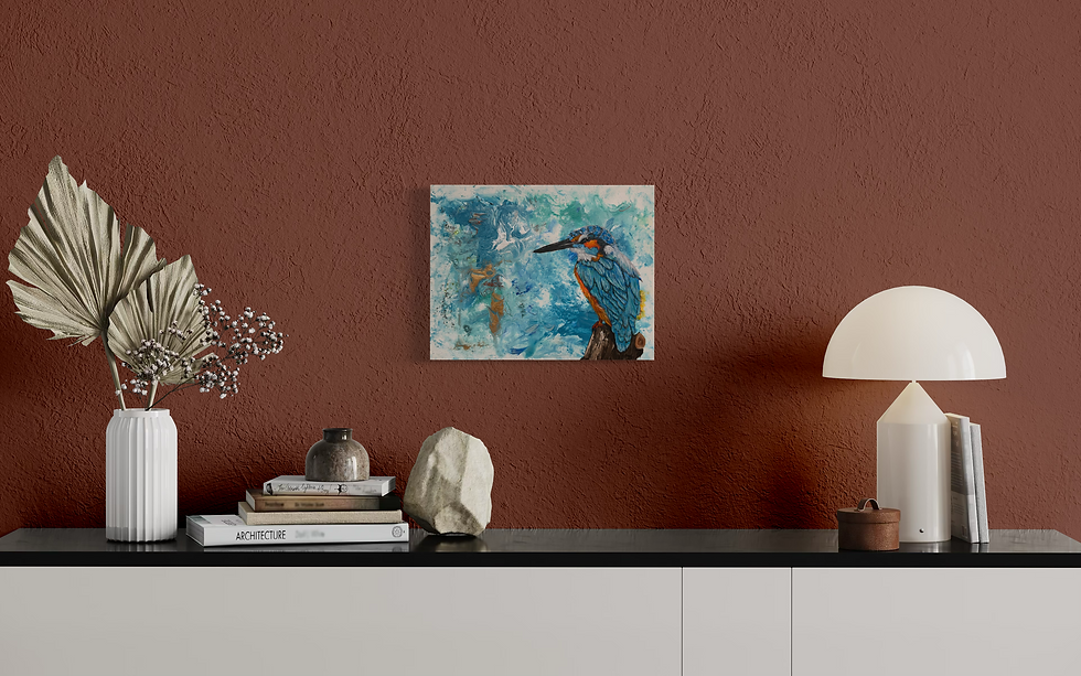 Thumbnail: Kingfisher painting with shimmering blues and orange perched on a branch, The Quiet Perch II by Hope Blakely