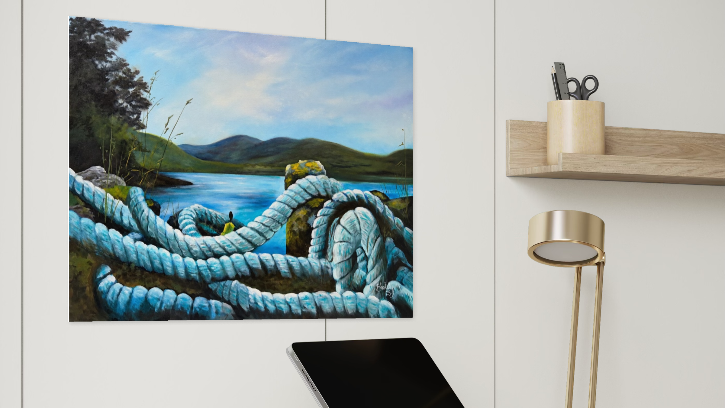 Heart Tethered by the Tide painting displayed in a modern room above a dark desk.