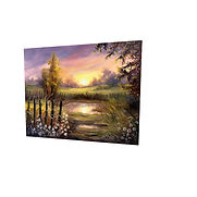 Golden Meadow by Marion Dutton, 16x20 oil painting of a sunset meadow with pond and wildflowers, 2025