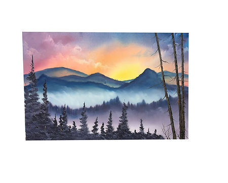Original oil painting of misty mountain ridges at sunrise with glowing sky and pine trees, Colors of the Ridge by Hope Blakely.
