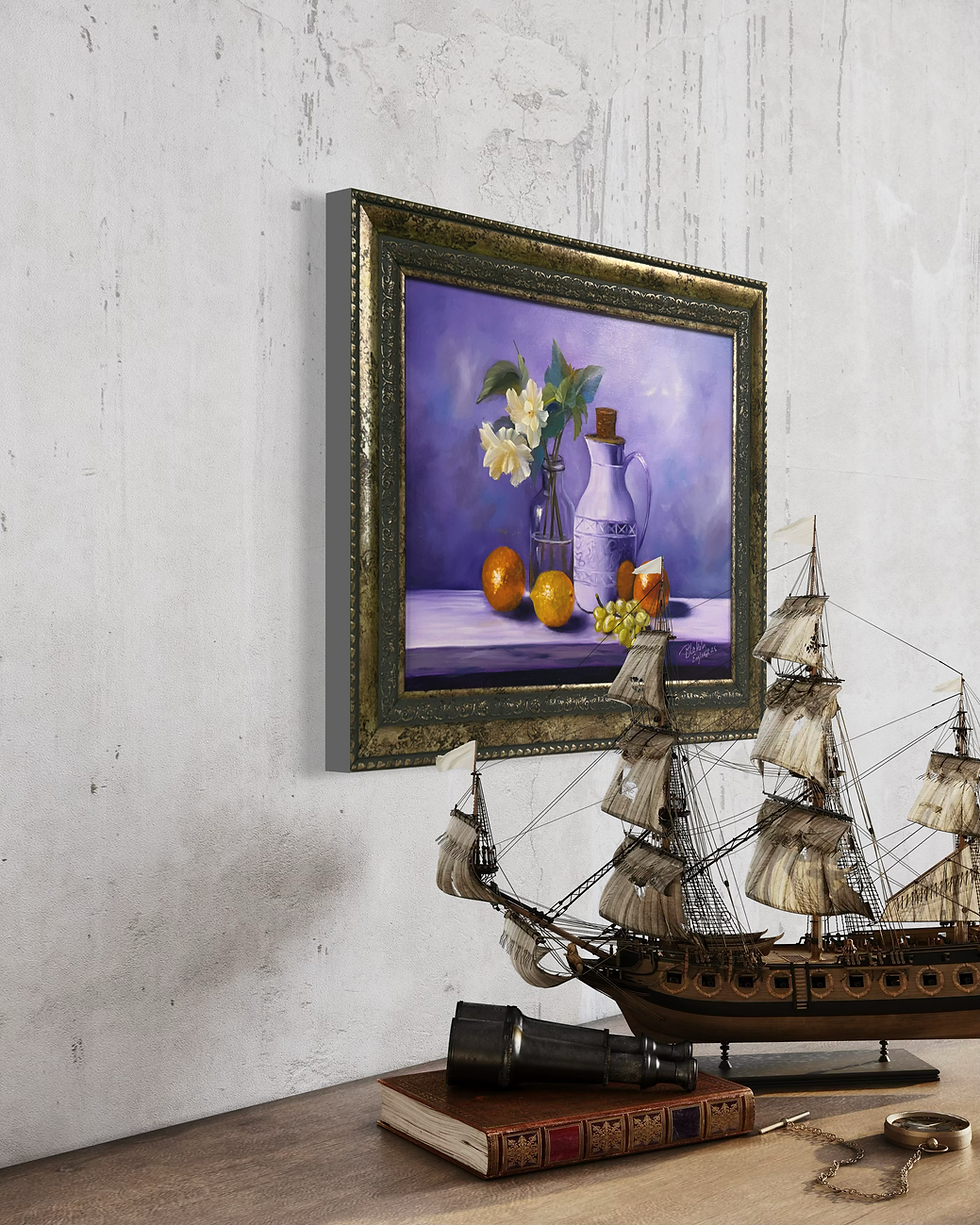 a luminous still life painted by Hope Blakely in 2025, based on an original design by Marion Dutton. Rich violets and soft lavender tones create a peaceful backdrop for a delicate white floral arrangement, paired with a decorative pitcher, ripe citrus, and a small cluster of grapes. Painted in oil on canvas board and beautifully framed, this piece radiates serenity and classical elegance.