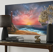 Tall ship sails under ominous clouds with a hidden skull and an unlit lighthouse at sunset, oil painting by Hope Blakely