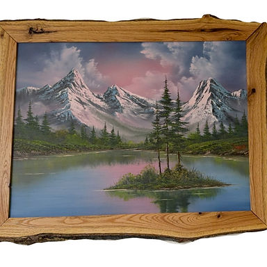 An Original Steve Ross Painting with mountains and an Island