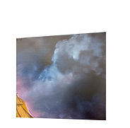 Tall ship sails under ominous clouds with a hidden skull and an unlit lighthouse at sunset, oil painting by Hope Blakely