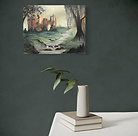 Romantic Irish ruin with weathered stone walls, willow tree, and reflective water painted in soft atmospheric tones.
