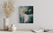 Floral still life with textured teal background and bright white daisies