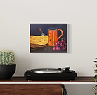 Rustic Reflections by Hope Blakely, one-of-a-kind acrylic still life featuring cheese, grapes, and copper mug.
