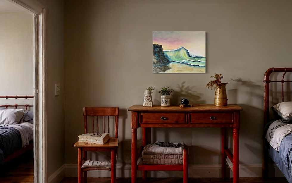 Watercolor wave artwork with soft hues of pink, yellow, and green, original painting on paper.