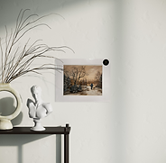 Winter Walkies by Marion Dutton, 8x10 oil-over-acrylic painting of a figure walking a dog in a snowy forest, matted to 11x14, 2024