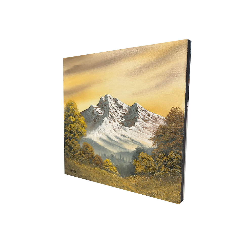 Thumbnail: Yellow Mountain oil painting for sale Dana Jester. A large distant mountain engulfed in the yellow that touches everything