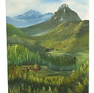 Landscape painting featuring a peaceful cabin in a lush green valley surrounded by forests and towering mountains.