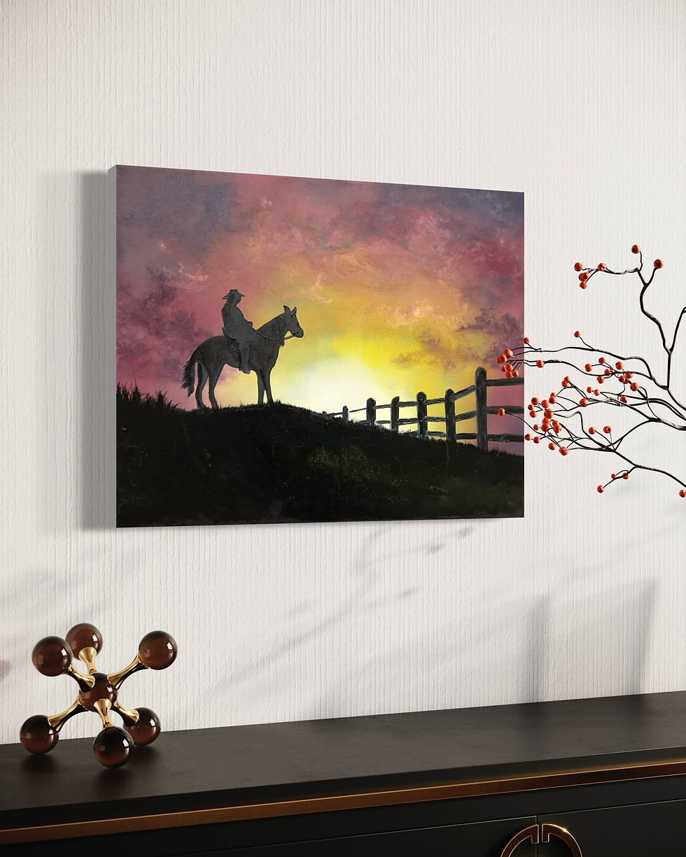The Watchful Cowboy, oil painting of a cowboy on horseback silhouetted at sunset, 16x20 canvas.