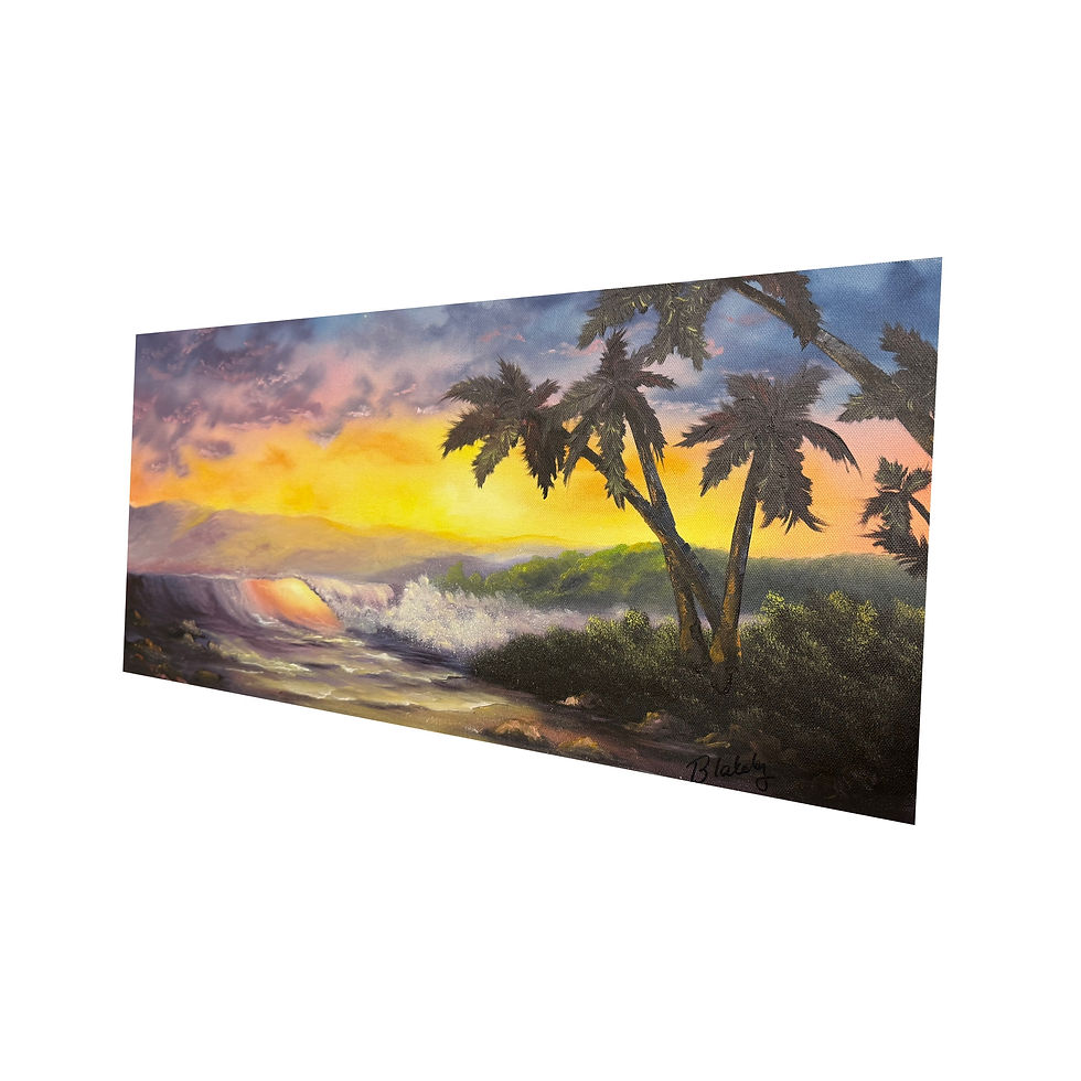 Thumbnail: Tropical sunset coastline with breaking surf and silhouetted palms, fine art by Hope Blakely