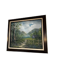 Hope, landscape Oil painting for sale, Distant rolling hills, rustic cabin, pathway into mist, a fence, and trees