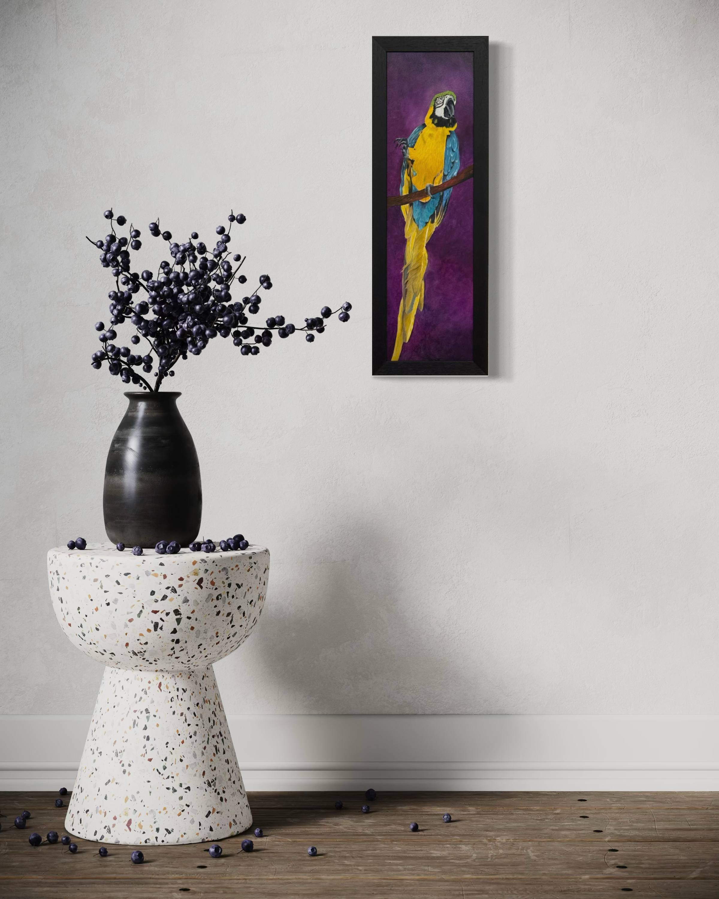 Oil painting titled The Showman by Hope Blakely, featuring a luminous bird portrait painted with glazing technique.