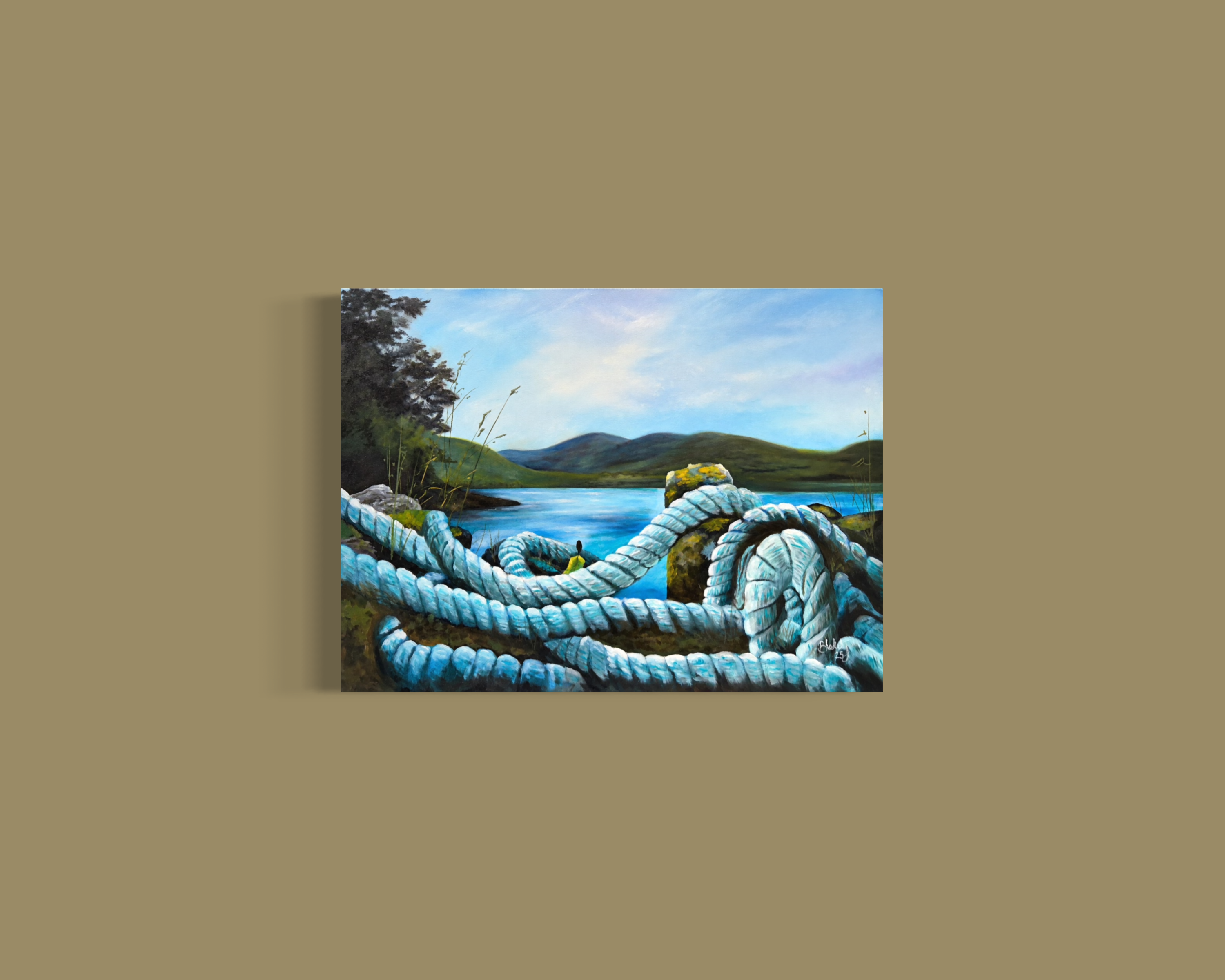 Heart Tethered by the Tide coastal painting displayed on a warm tan wall.