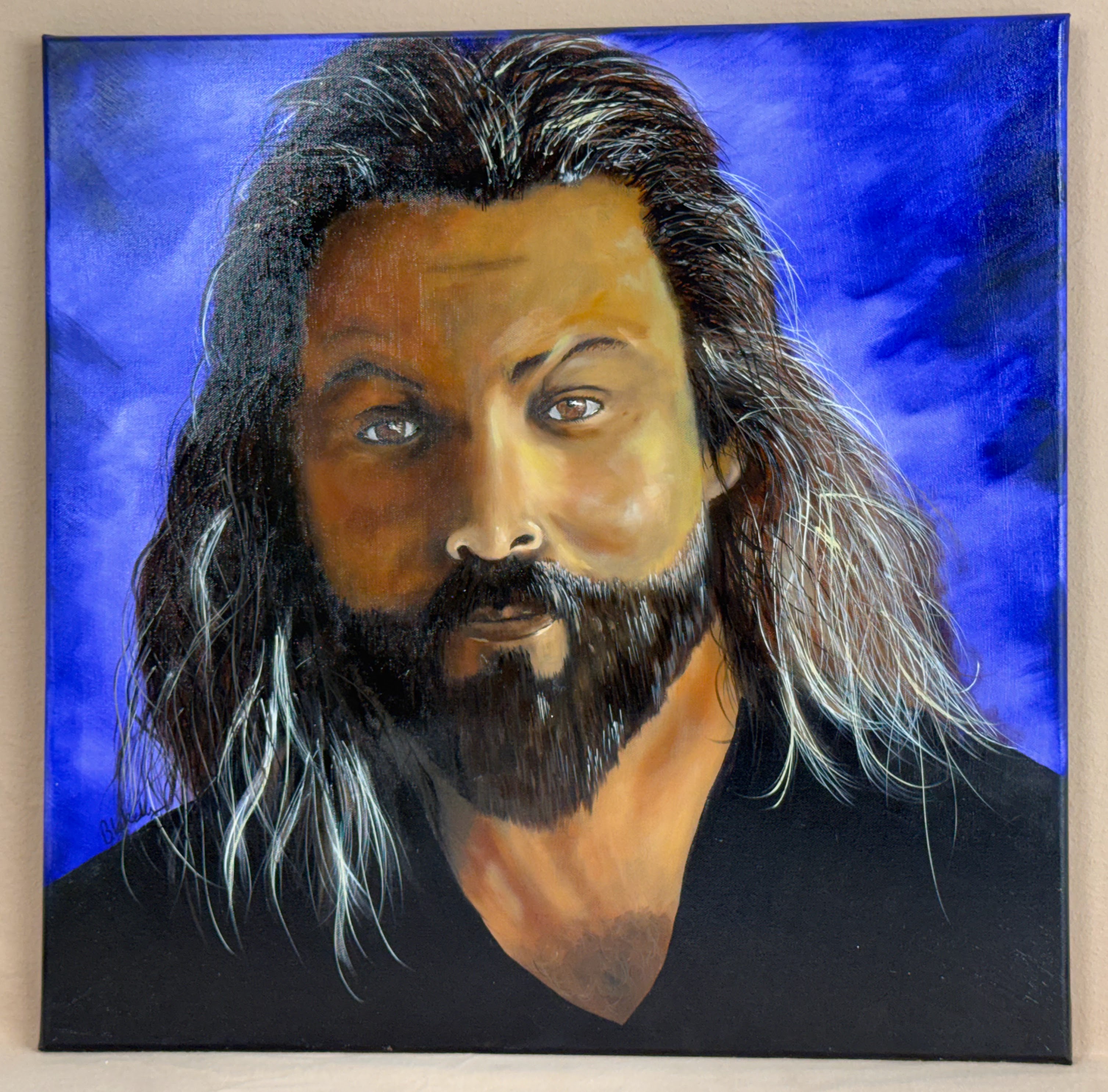 Oil portrait painting of Jason Momoa, 24x24 inches, realistic style on stretched canvas