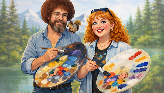 A typical Bob Ross Painting of Clouds, Mountain, Lake and Trees