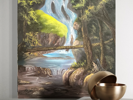 A Tennessee-inspired waterfall oil painting featuring cascading blue water, mossy cliffs, tall pines, and a rustic timber bridge, created during a Kevin Hill class.