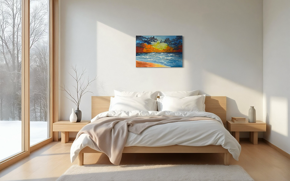 ColorStorm, original Bob Ross style seascape painting with fiery sunset and waves, oil on canvas