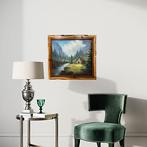 KHill Cabin oil painting for sale, a Cabin sitting next to the stream and a mountain view to fish to